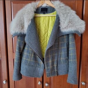 Banana Republic Gray and Yellow Plaid Bomber Jacket with Faux Fur Collar